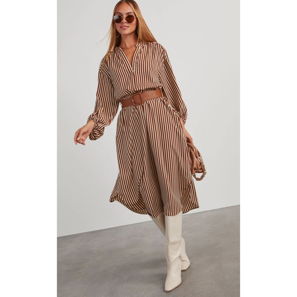 Dimarco Striped Pocketed Belted Midi Dress Flowy Extra Large Neutral Coquette